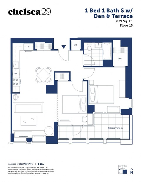 Floor plan for 1 bed, 1 bath, 879 sqft